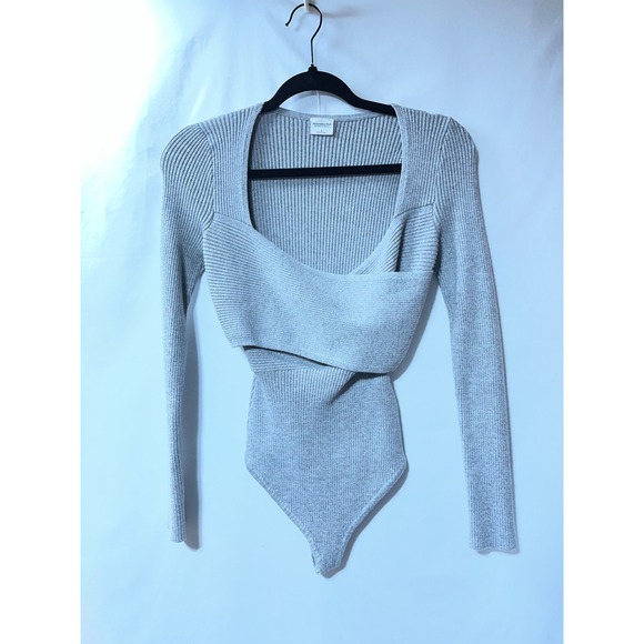 Abercrombie & Fitch Tops - Abercrombie & Fitch Soft AF Ribbed Wrap Cutout Bodysuit Grey Small Long Sleeve